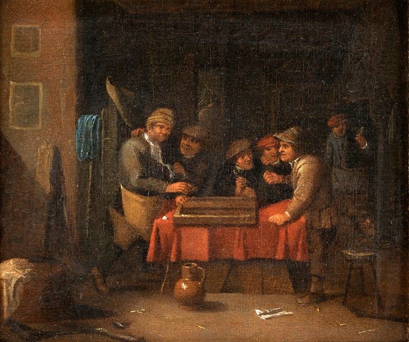 Scuola Olandese. XVII Secolo - Coppia di Interni con Giocatori di Carte e di Dadi