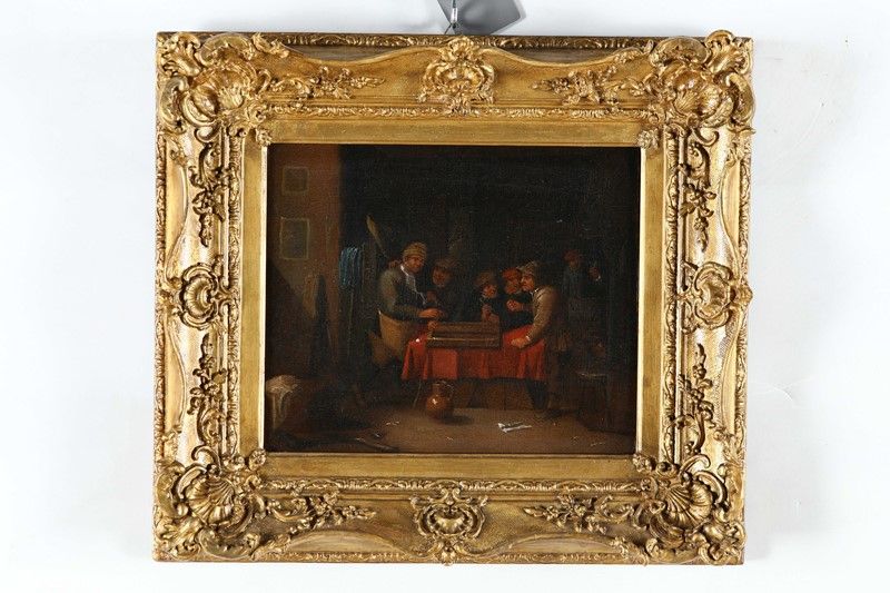 Scuola Olandese. XVII Secolo - Coppia di Interni con Giocatori di Carte e di Dadi