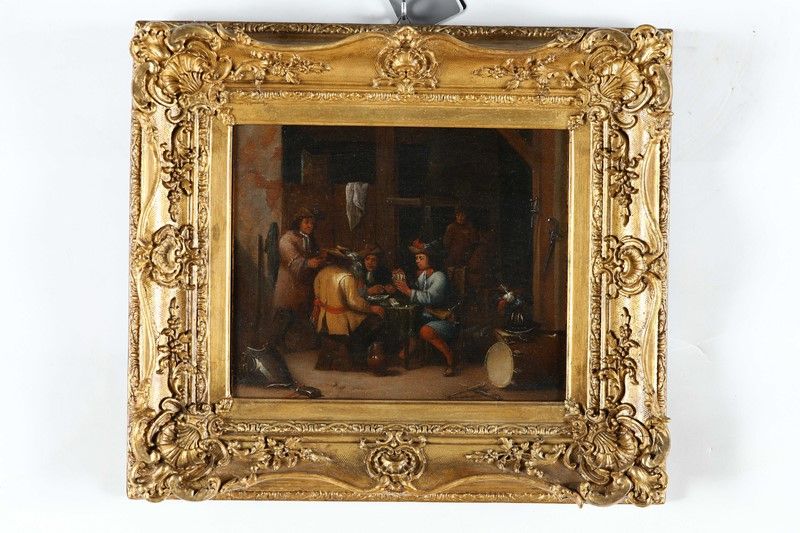 Scuola Olandese. XVII Secolo - Coppia di Interni con Giocatori di Carte e di Dadi