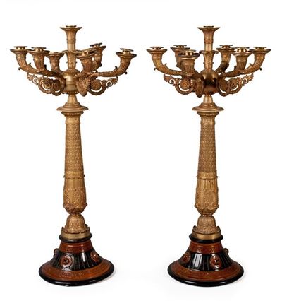 Coppia di grandi candelabri, bronzo dorato a sette fiamme, Francia, periodo Restaurazione/Carlo X
