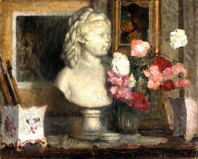 Natura Morta con Busto di Donna e Fiori