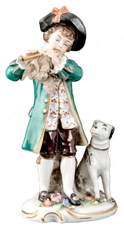 Suonatore con Cane in Porcellana Policroma
