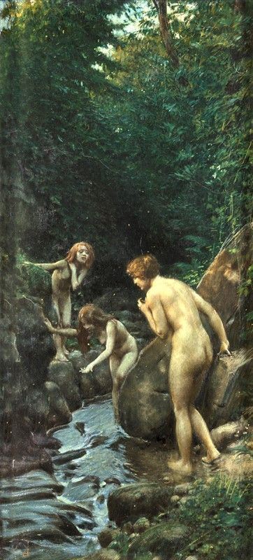 Scuola Europea. XIX-XX Secolo - Nudi di Donna nel Torrente