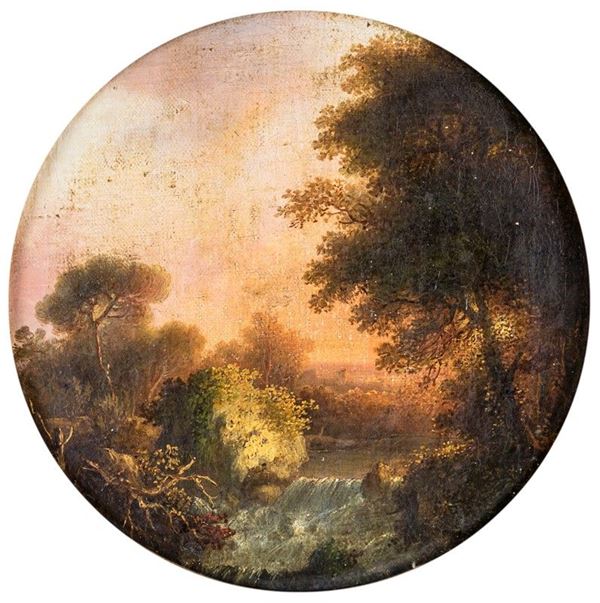 Scuola italiana. XIX secolo - PAESAGGIO ITALIANO CON RUSCELLO