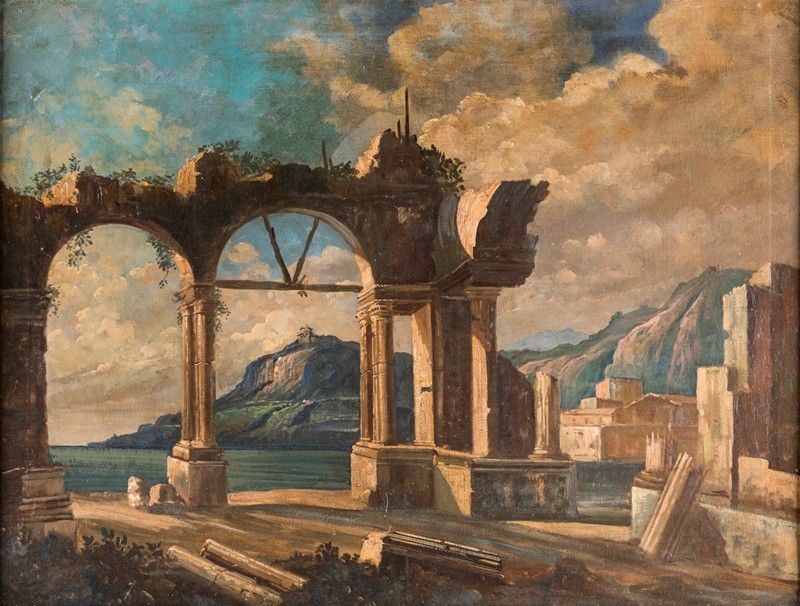 Scuola Italiana. XX Secolo - Paesaggio con Architettura