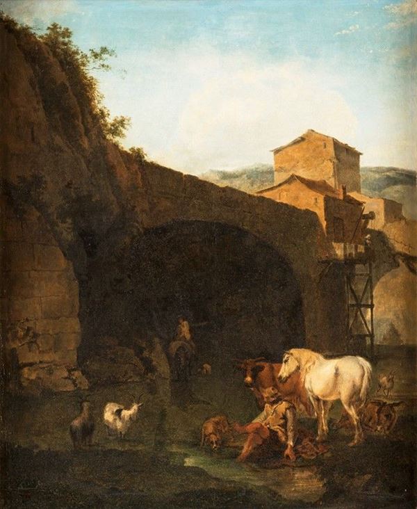 Pittore italianizzante. XVIII secolo - SOSTA PRESSO UN GUADO