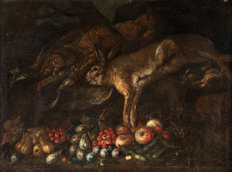 Scuola Napoletana. XVII Secolo - Coppia di Nature Morte con Frutta e Cacciagione