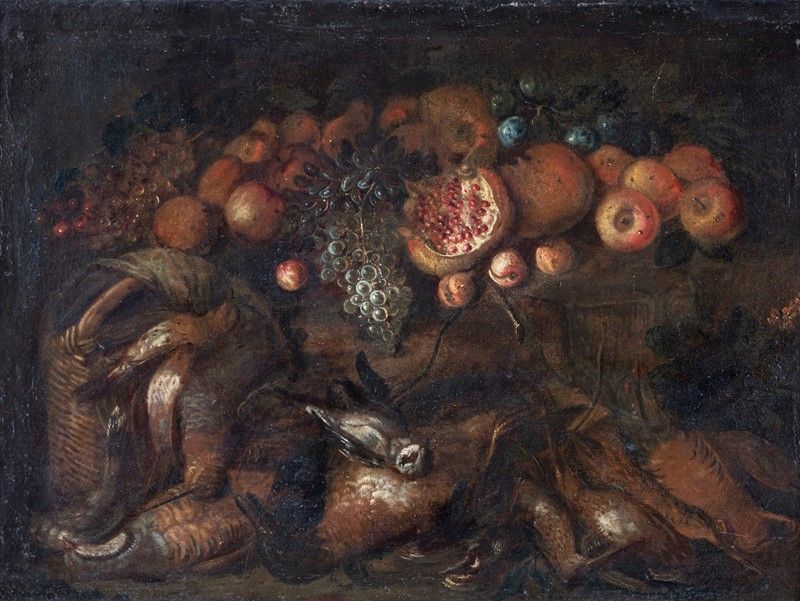 Scuola Napoletana. XVII Secolo - Coppia di Nature Morte con Frutta e Cacciagione