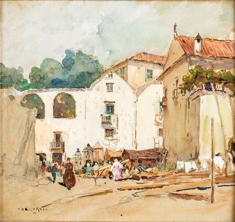 Nicolas Decorsi - Piazza con Scena di Mercato