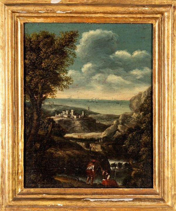 Scuola Romana del XVII secolo - PAESAGGIO FLUVIALE CON PESCATORI