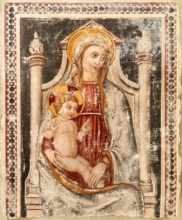 Scuola umbra del XV secolo - MADONNA COL BAMBINO BENEDICENTE IN TRONO