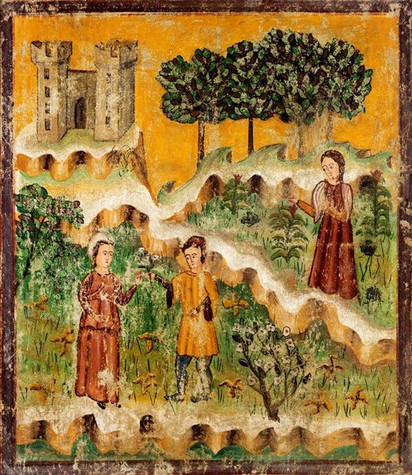 Scuola italiana del XVI secolo - PAESAGGIO CON SCENA DI CORTEGGIAMENTO