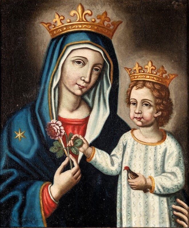 Scuola Romana del XVIII Secolo - Madonna Col Bambino, Rosa e Cardellino