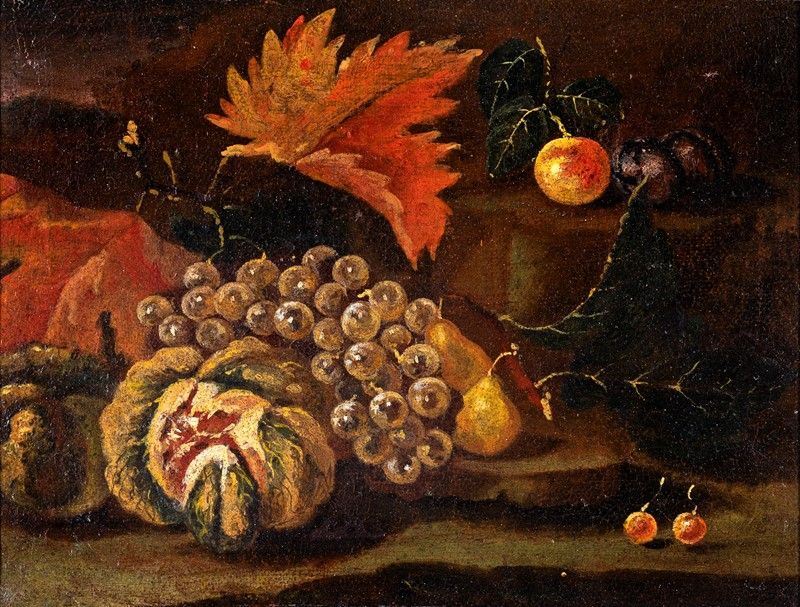 Scuola Romana del XVII Secolo - Natura Morta di Frutta Entro un Paesaggio