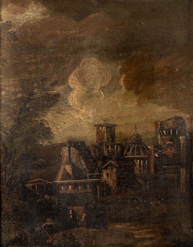 Scuola Italiana del XVII Secolo - Paesaggio con Borgo Antico
