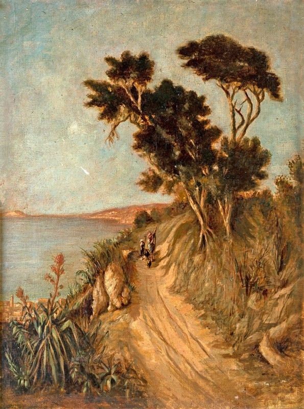 Scuola italiana della fine del XIX secolo - Paesaggio lacustre con viandanti