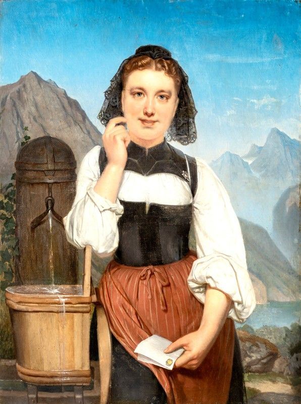 Scuola Austriaca del XIX Secolo - Ritratto di Fanciulla con Lettera alla Fontana