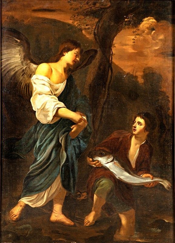 Pittore caravaggesco del XVII secolo - TOBIOLO E L&#39;ANGELO