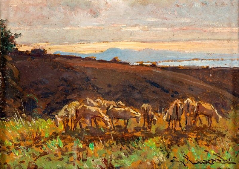 PAESAGGIO CAMPESTRE CON ANIMALI AL PASCOLO