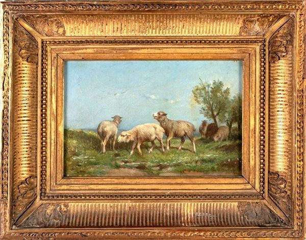 Scuola belga del XIX secolo - PAESAGGIO CAMPESTRE CON PECORE