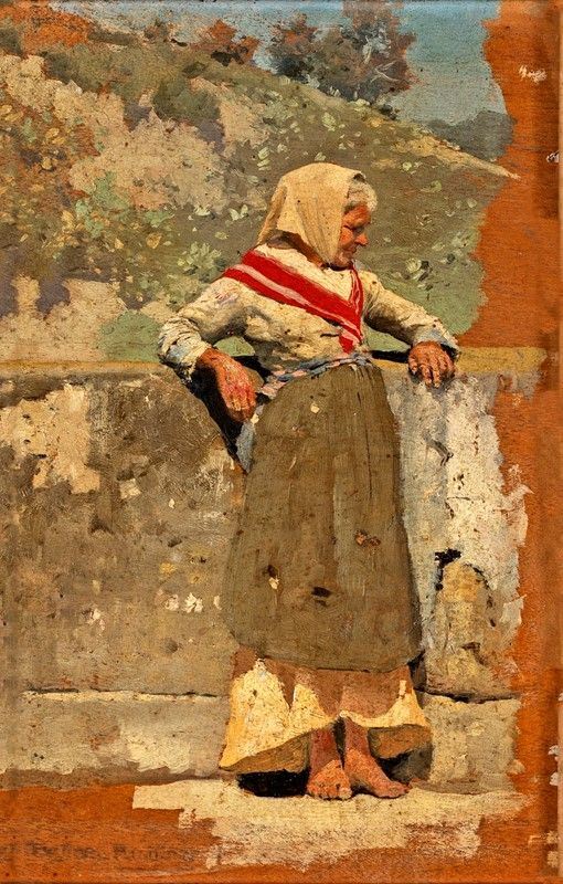 Scuola Toscana del XIX Secolo - Ritratto di Contadina Entro un Paesaggio