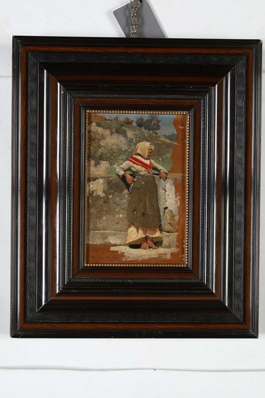 Scuola Toscana del XIX Secolo - Ritratto di Contadina Entro un Paesaggio