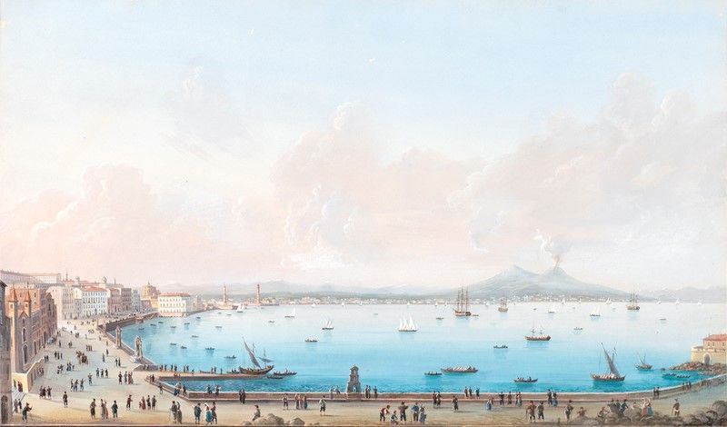 Scuola Napoletana del XIX Secolo - Veduta del Vesuvio da Santa Lucia
