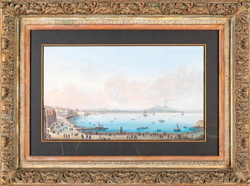 Scuola Napoletana del XIX Secolo - Veduta del Vesuvio da Santa Lucia