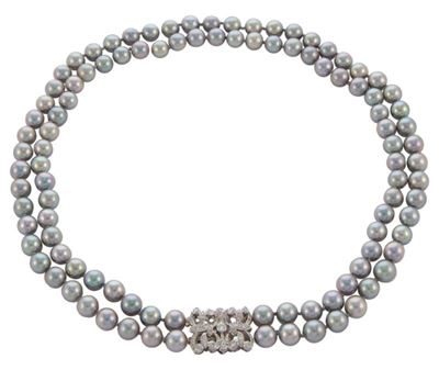 Collana 2 Fili Perle Oro Gr. 8,00, Brillanti Ct.0,67