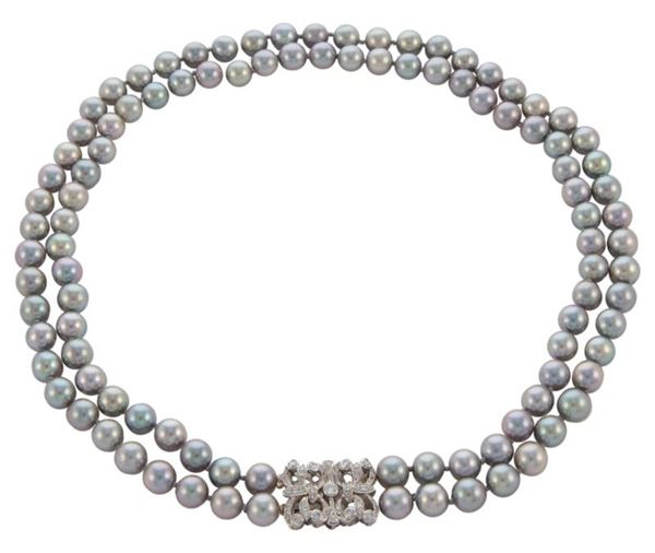 Collana 2 fili perle oro gr. 8,00, brillanti ct.0,67