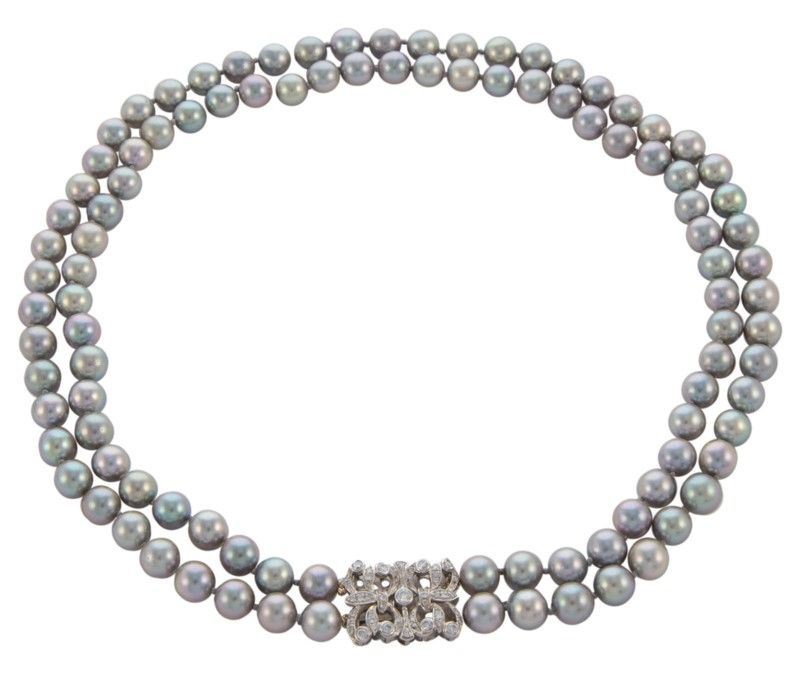 Collana 2 Fili Perle Oro Gr. 8,00, Brillanti Ct.0,67