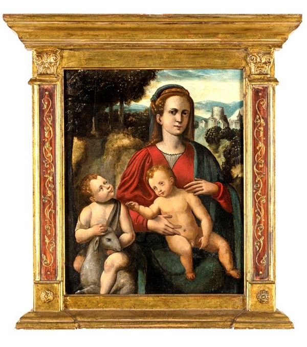 Scuola forlivese dell'inizio XVI secolo - MADONNA COL BAMBINO E S.GIOVANNINO
