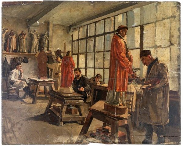 Scuola europea della fine del XIX secolo - INTERNO CON DECORATORI DI STATUE