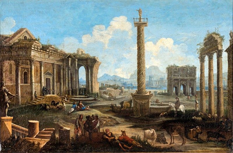Scuola Italiana del XIX Secolo - Capriccio Architettonico con Rovine e Armenti