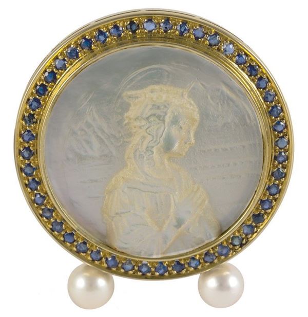 Cornicetta con madreperla,oro gr.17,zaffiri,perle