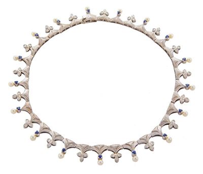 Collier Oro Bianco a Festone Oro,60,40, Zaffiri Ct.1,60,brillanti Ct. 1,97, 17perle