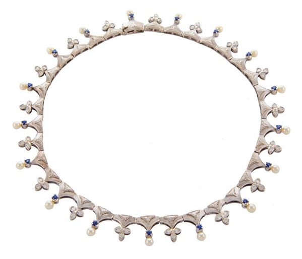 Collier oro bianco a festone oro,60,40, zaffiri ct.1,60,brillanti ct. 1,97, 17perle