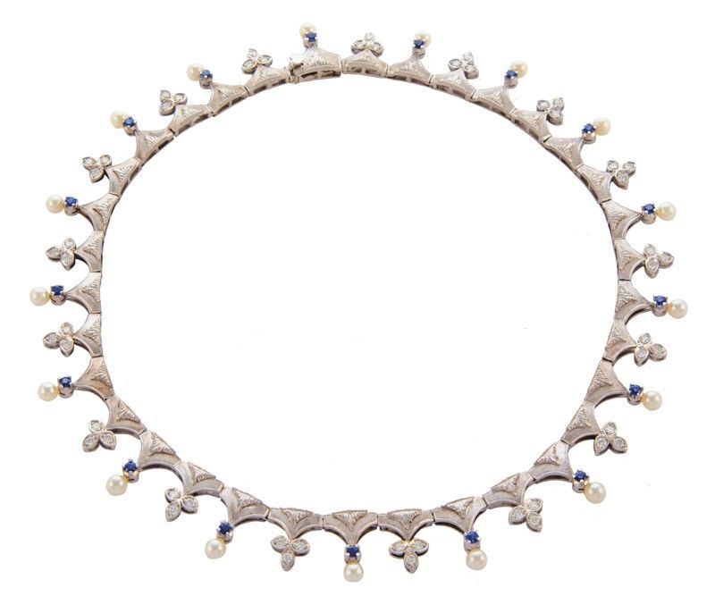 Collier Oro Bianco a Festone Oro,60,40, Zaffiri Ct.1,60,brillanti Ct. 1,97, 17perle