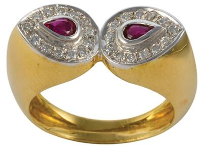 Anello Aperto Oro Giallo Gr.8,30 con Due Gocce con Rubini Ct.0,80, Brill Ct.0,25