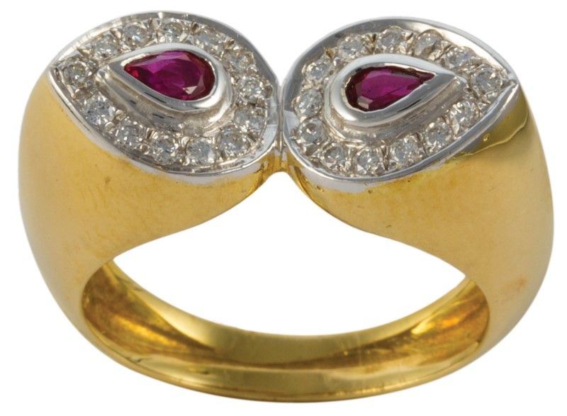 Anello Aperto Oro Giallo Gr.8,30 con Due Gocce con Rubini Ct.0,80, Brill Ct.0,25