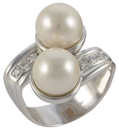 Anello Contrariè Oro Bianco Gr.9, 6 Brillanti Ct.0,15, Perle ¾