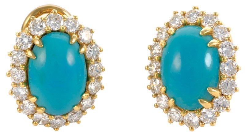 Orecchini Oro Giallo Gr. 7,00 con Turchesi, Brillanti Ct.2,14 Circa