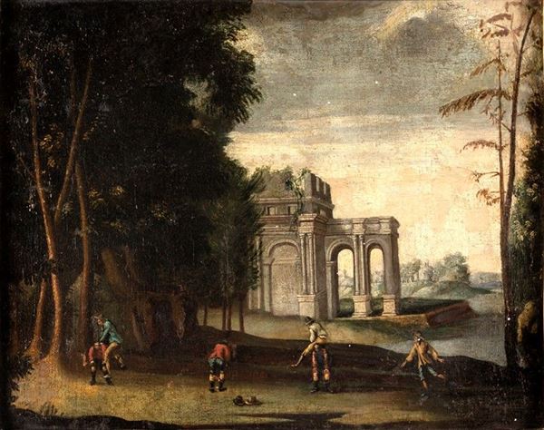 Scuola italiana del XVIII secolo - Paesaggio col gioco del saltacavallo