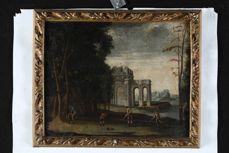 Scuola Italiana del XVIII Secolo - Paesaggio Col Gioco del Saltacavallo