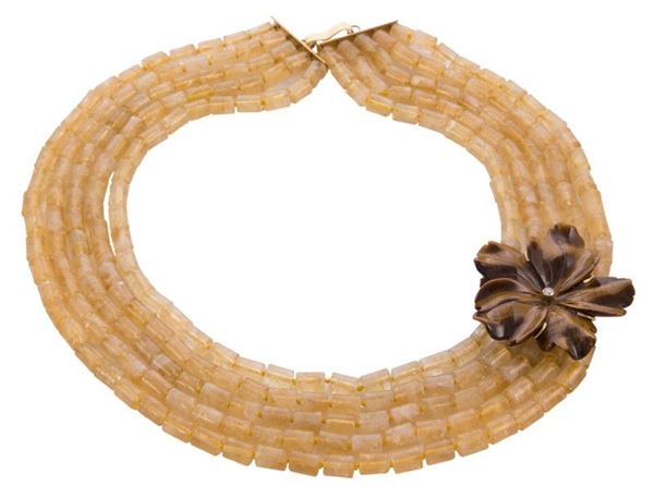 Collana quarzi e occhi di tigre e blrill. ct.0.07 e oro gr.20