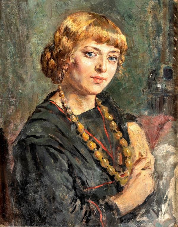 Anonimo, prima met&#224; XX secolo - Ritratto di giovane donna con collana d&#39;ambra