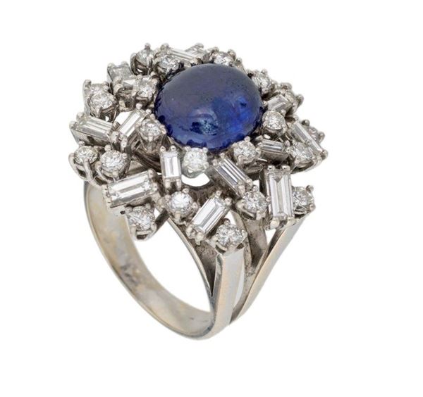 Anello con diamanti e pietra blu