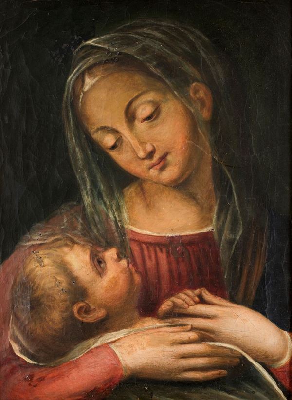 Madonna col Bambino  - olio su tela - Asta Antiquariato Dipinti Antichi e del XIX secolo, Arredi, Tappeti, e Argenti - Casa d'Aste Arcadia