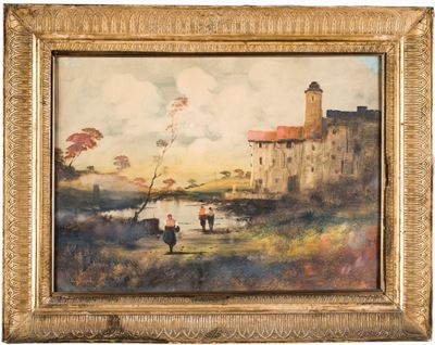 Paesaggio Fluviale con Borgo e Figure