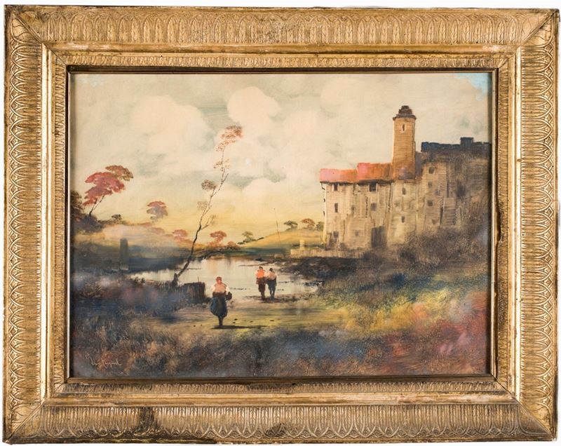Anonimo del XX Secolo - Paesaggio Fluviale con Borgo e Figure